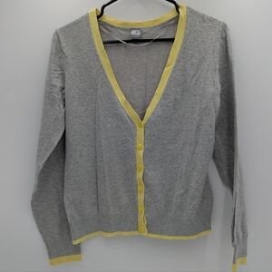 JCP Women's Cardigan Sweater Large Cotton Gray Yellow Color Block Button Down